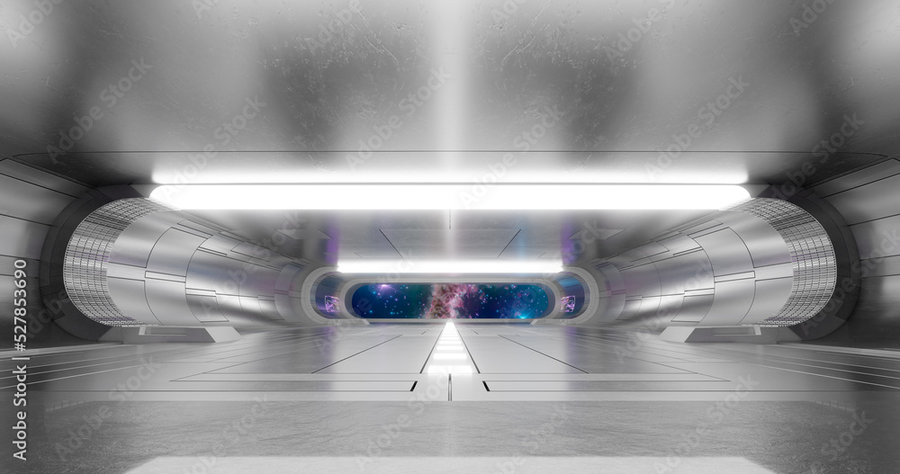 Aufkleber 3d rendering. futuristic sci-fi laboratory or spaceship corridor with neon light.