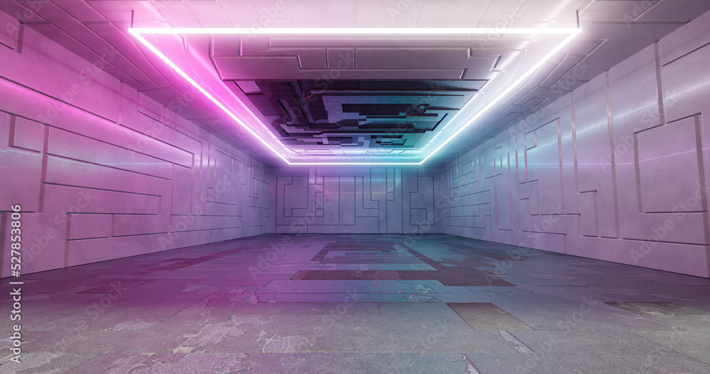 Aufkleber 3d rendering. futuristic sci-fi laboratory or spaceship corridor with neon light.