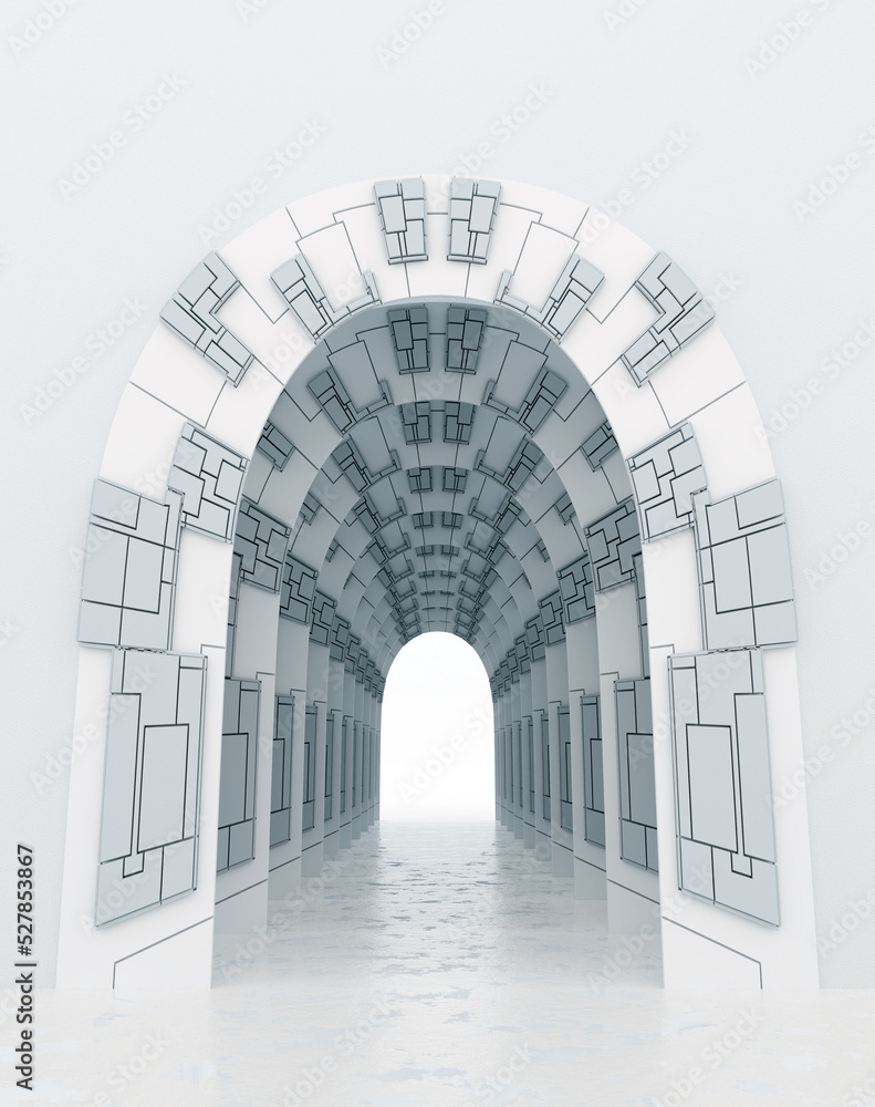 Poster 3d rendering. marble corridor with columns stretching into the distance with neon lights on the side