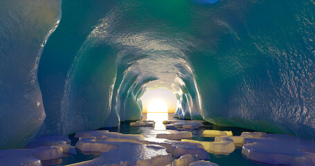 3d rendering. An arctic glacier with an ocean tunnel and small ice floes floating around against a blue sky with clouds. © shacil
