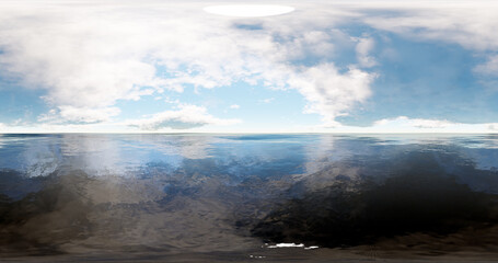 3D rendering. Blue sky with clouds at sunset or sunrise. Environment 360 HDRI MAP. Equivalent projection, spherical panorama.