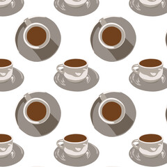 Cute cartoon cup coffee on white background pattern illustration.