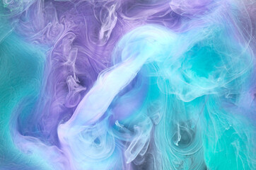 Fototapeta na wymiar Blue multicolored smoke abstract background, acrylic paint underwater explosion