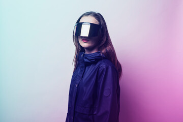 Young woman with glasses and BP in a blue jacket added gradient on a light background