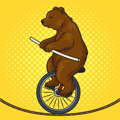 Circus bear rides tightrope on a unicycle. pop art retro vector illustration. Comic book style imitation. © Oleksandr Pokusai