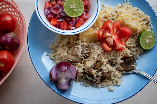 A plate of Kenyan pilau. Top view at extremely close up. 