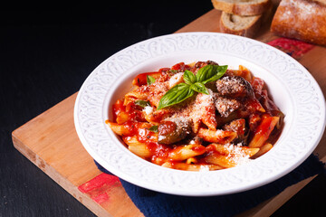 Food concept homemade organic Sicilian pasta alla norma Penne with eggplant tomato sauces on wooden board on black background with copy space