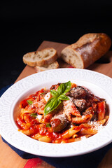 Food concept homemade organic Sicilian pasta alla norma Penne with eggplant tomato sauces on wooden board on black background with copy space