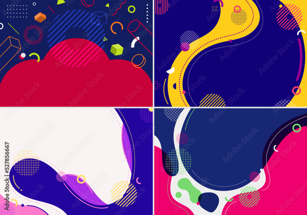 Poster set of abstract background flat design liquid organic forms dynamic waves and 3d geometric circles, 