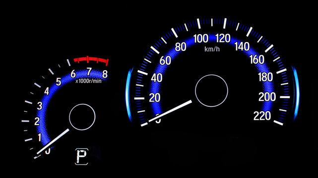 The speedometer of a modern car shows a high driving speed