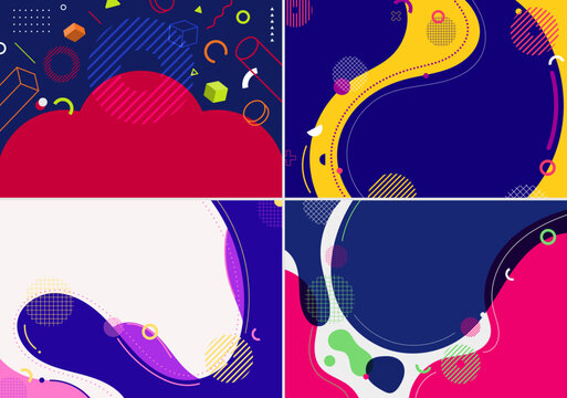 Set of abstract background flat design liquid organic forms dynamic waves and 3D geometric circles, lines elements pattern background retro style
