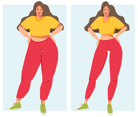 A young sad overweight woman and an equally happy woman with a slim body.