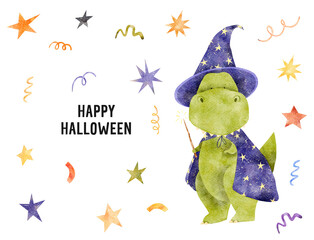 Halloween hand-drawn animal characters. Illustration of  Wizard. Halloween holiday monsters isolated. Dinosaur t-rex cute baby animals. Masquerade party magic time