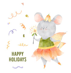 Halloween hand-drawn animal characters. Illustration of Flower fairy. Halloween holiday monsters isolated. Mouse birthday cute baby animals