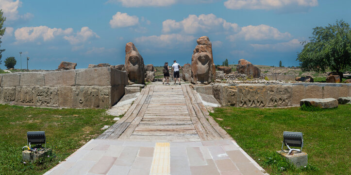 View of Sphinx Gate with some sculptures around it from Hittite period in Alacah&ouml;y&uuml;k. Corum, Turkey