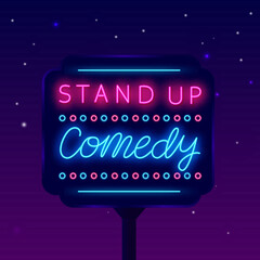 Stand up comedy neon street billboard. Shiny dusk advertising. Comic show. Light sign. Vector stock illustration