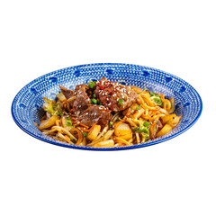 Isolated bowl of asian beef noodle wok dish