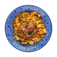 Isolated bowl of asian beef noodle wok dish