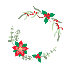 Fototapeta na wymiar Christmas wreath with Poinsettia flowers and decorative branches.