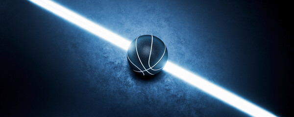 High angle view of basketball ball laying bright white glowing line. Graphical element with abstract theme.