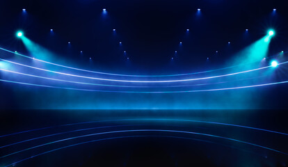 Abstract neon blue lines on black background illuminated reflections on ground scene. Science...