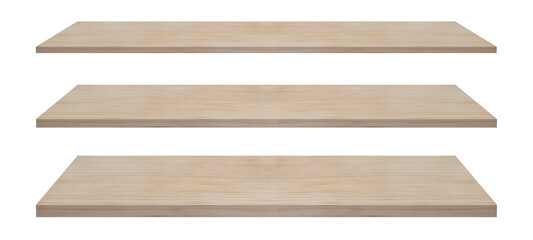 Wooden shelf template set isolated on white background empty rustic wood table, for montage product display or design key visual layout. with clipping path