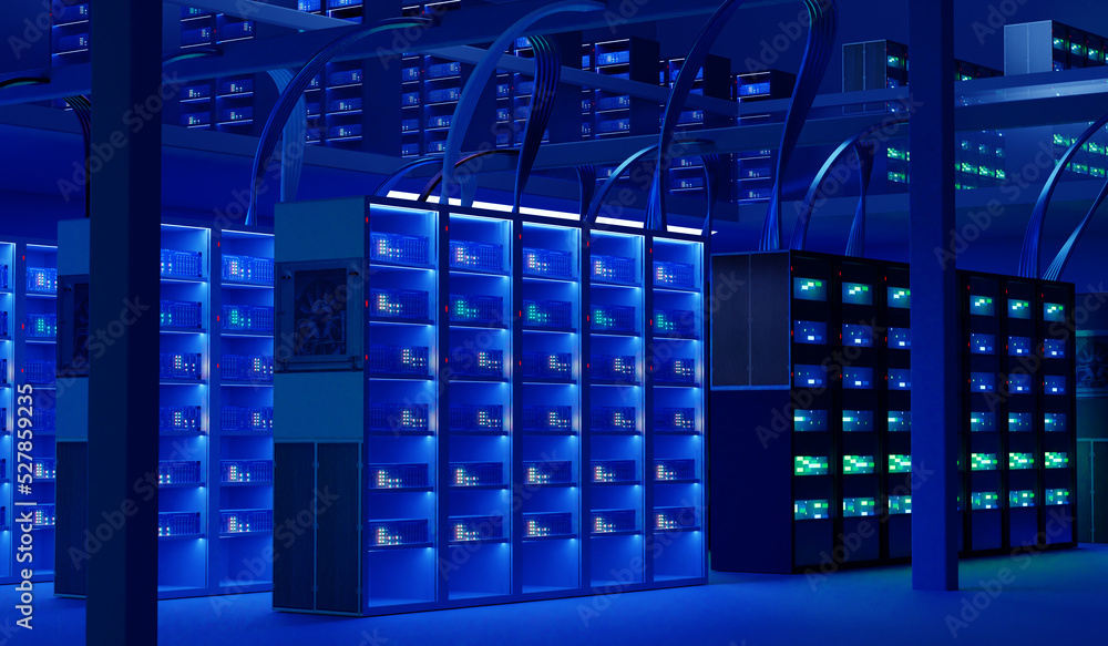 Poster server background. server racks in neon light. wallpaper with digital equipment. server hardware. bi