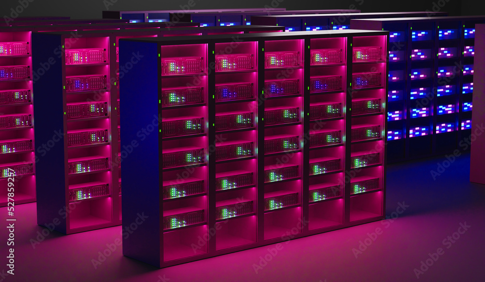 Poster big data center. server center interior. big data processing equipment. racks with it machine. equip
