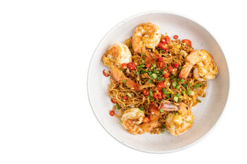 Thai Drunken Noodles with seafood, Pad Kee Mao with shrimp. isolated on white background.