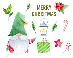 Watercolor Christmas gnomes clipart. Nordic style decor graphics. Winter dwarf illustration. Scandinavian gnomes character design