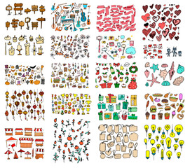 a set of doodles in a large color, from awnings, gifts, holiday signs, shells, hearts, light bulbs, musical instruments, medals, flowers in bright colors, isolated objects with a black outline