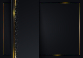 Abstract luxury template black stripes with gold lines frame and glitter on dark background