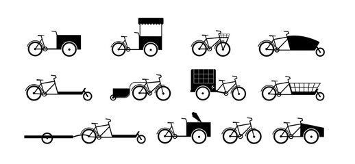 Cargo Bikes silhouette icon set. Different bicycle types. Bakfiets, cart, long john, long tail, bikes for transportation, electric cargo bike, bicycle with basket. Flat vector illustration