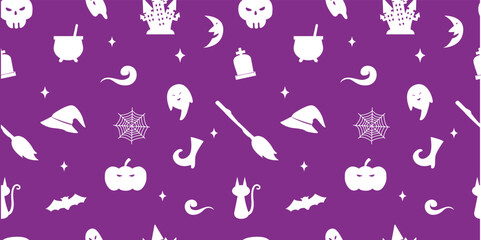 Fototapeta na wymiar Halloween festive pattern background. Ghost, witch, castle and more. Vector Illustration