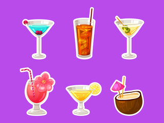 Vector collection of drinks stickers. Coctail and drink menu illustrations for bar card, price list. Printable template 