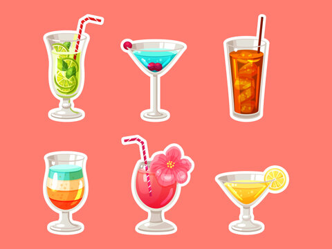 Vector collection of drinks stickers. Coctail and drink menu illustrations for bar card, price list	