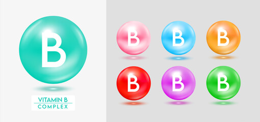 Vitamin B complex. Set of colorful balls multivitamins capsules minerals isolated on grey background. Dietary supplement for pharmacy advertisement, package design. Vector EPS10.