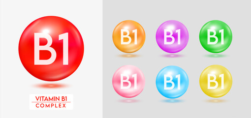 Vitamin B1 complex. Set of colorful balls multivitamins capsules minerals isolated on grey background. Dietary supplement for pharmacy advertisement, package design. Vector EPS10.