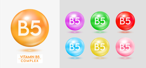 Vitamin B5 complex. Set of colorful balls multivitamins capsules minerals isolated on grey background. Dietary supplement for pharmacy advertisement, package design. Vector EPS10.