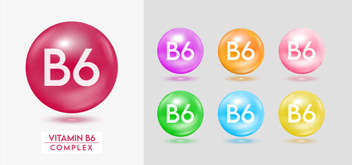 Vitamin B6 complex. Set of colorful balls multivitamins capsules minerals isolated on grey background. Dietary supplement for pharmacy advertisement, package design. Vector EPS10.