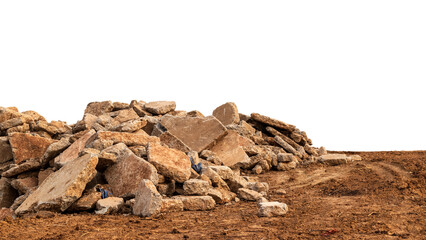 Isolated views of a lot of concrete debris brought from the demolition of the road and left on the...