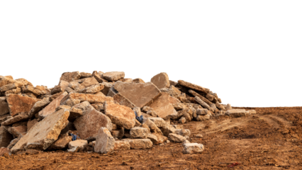 Isolated views of a lot of concrete debris brought from the demolition of the road and left on the ground in the countryside.