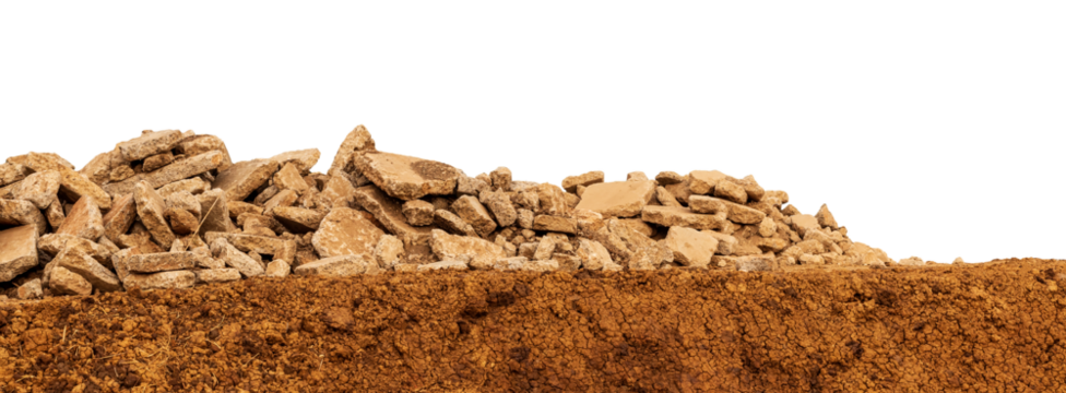 Isolated view of many concrete debris brought from the demolition of roads and piles, leaving on the ground slopes in the Thai countryside.