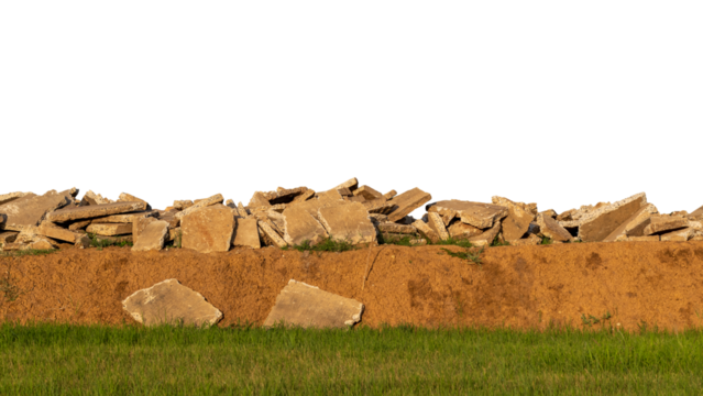 Many large remains of concrete were taken from the demolition of roads, left on mounds near grasslands in rural Thai agricultural areas.
