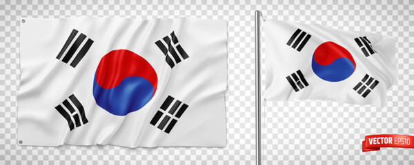 Vector realistic illustration of South Korean flags on a transparent background.