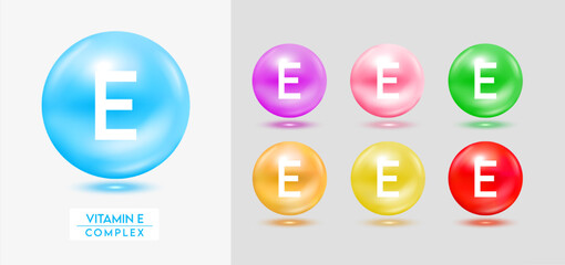 Vitamin E complex. Set of colorful balls multivitamins capsules minerals isolated on grey background. Dietary supplement for pharmacy advertisement, package design. Vector EPS10.