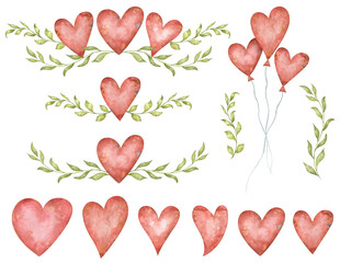 Cute watercolor hearts, sweet arrangements, red balloons, vintage foliage. Set with pretty love elements