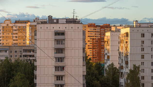 Buildings in Troitsk city in the evening sunlight. Cityscape of russian district of town in region of New Moscow