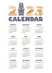 Wall calendar 2023 template. Printable vertical a4 format one-page calendar decorated with gold numbers and cute black bunny on a white background. Week starts on Sunday. Vector illustration 10 EPS.