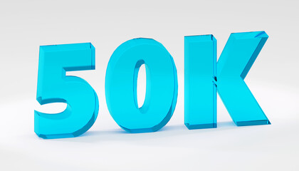 Luxury glass inscription 50k on grey podium, soft light, smooth background, 3d rendering